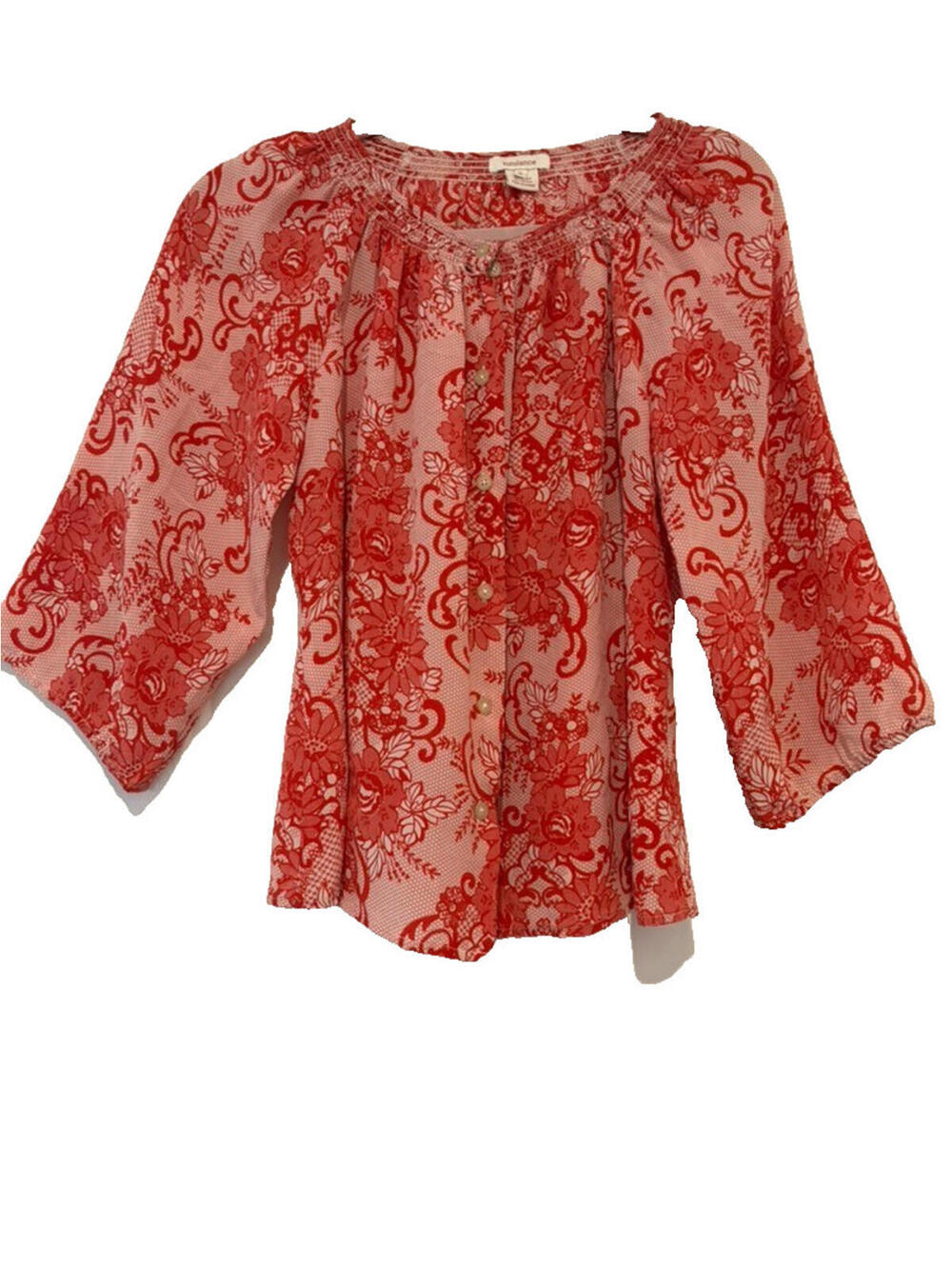 Sundance sz S red silk floral boho peasant 3/4 wide sleeve blouse EE